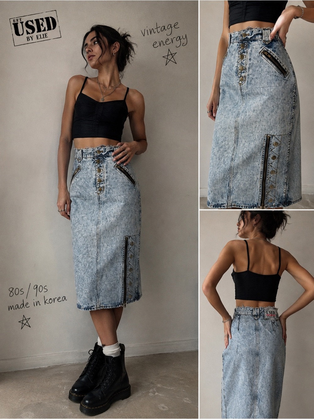 Vintage USED by Elie Acid Wash Denim Midi Pencil Skirt